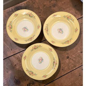 Troubadour Yellow Limoges-American Rim Soup Bowls 8 1/4" Set of 3 Floral Vintage